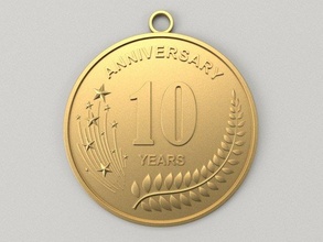 10 years anniversary medal 3d print model in coins badges 3dexport relief award birthday gift jewelry cnc 3dprint jubilee celebration gold printable salute quality art 10th 3d print model - Mito3D