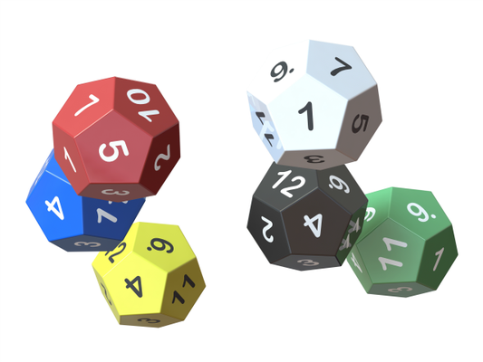12 sided game dice 6 colors 3d print model in 3dexport toys games decor accessories houseware role playing count assorted pack multi colored assortment polyhedral number 3d print model - Mito3D