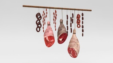 3d meats sausages model hang hanging ham loaf grilling grill meat food barbeque eat cook eating kitchen restaurant animal pig raw cooking sausage 3d print model - Mito3D