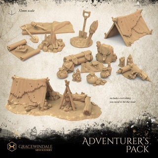 adventurers pack terrain tabletop dnd 32mm prop props scenery diorama 28mm miniature wargame pathfinder dd fence lamp lantern adventure backpack bedroll campfire 3d print model - Mito3D