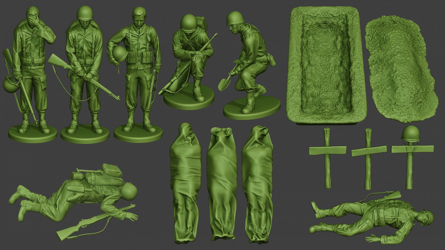 american soldiers ww2 a11 pack 1 3d print model in figurines 3dexport miniature sculpture figure soldier action man war military army allies garand tomb pray usa deceased kill dig 3D print model - Mito3D