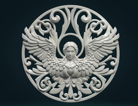 angel relief ii 3d print model in sculpture 3dexport wings feather eagle air fly sky haven creature decoration cherub pendant embroidery scrollwork scrolls baroque female ornate 3d print model - Mito3D