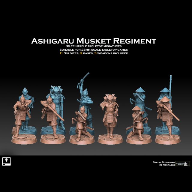 ashigaru mosquete regimento 3d impressão modelo in estatuetas 3dexport martelo guerra 40k samurai ninja mosqueteiro antigo japão ásia infantaria milícia imperial guarda astra militarum planetário defesa força tampo mesa medieval 3D print model - Mito3D