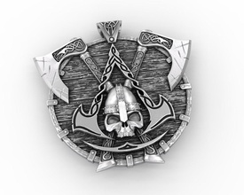 assassins creed valhalla pendant assassin viking game axe shield skull printable cnc stl jewelry 3d print model - Mito3D