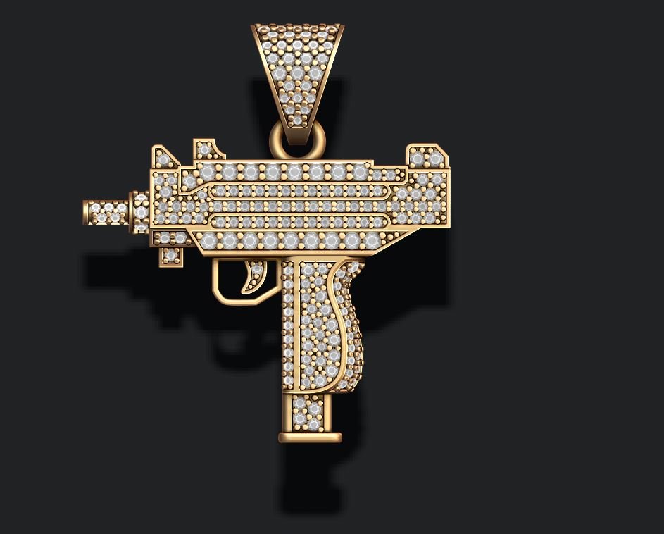 automat gun pendant gems jewelry silver hip hop hiphop micro uzi combat automatic rap rep gangsta weapon microuzi briliant stone gemstone diamond 3D print model - Mito3D