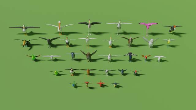 uccelli pacco 3d modello in uccello 3dexport lowpoly pappagallo gabbiani oca fenicottero tucano airone gufo avvoltoio turaco pulcinella mare cardinale gallo cedrone piccione bucero pellicano picchio corvo 3D print model - Mito3D