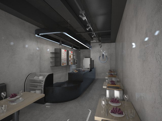noir café intérieur 3d restaurant chaise table lumière boutique machine sièges lampe plafond bois inoxydable acier scène moderne décoration meubles menu 3D print model - Mito3D