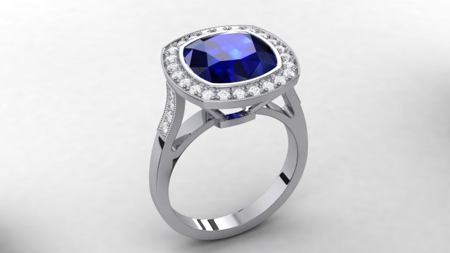 blue sapphire halo ring gem stone gold silver platinum jewelry jewellery diamond print printable prototyping obj stl fashion cluster 3D print model - Mito3D