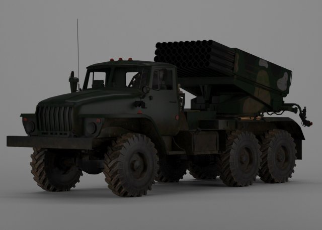 bm 21 graduado múltiple lanzamiento cohete combate vehículo lanzacohetes transporte blindado militar armadura ural urss ruso 6x6 camión artillería Soviético army truck 3D print model - Mito3D
