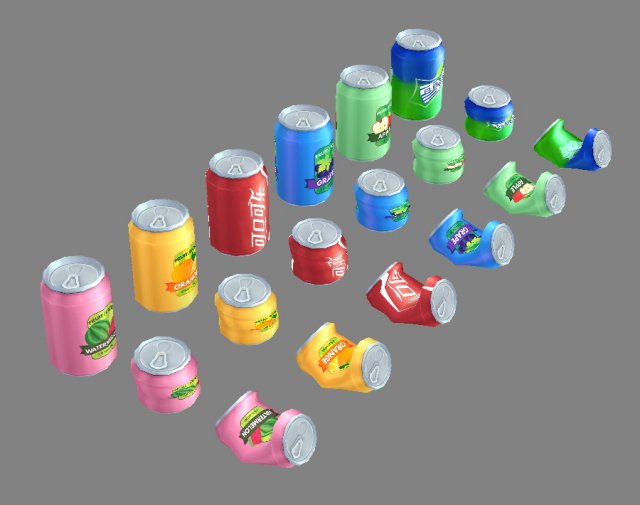 gazéifiée boissons canettes coca cola soda recyclable déchets pastèque jus pêche myrtilles lutin fruit ordures lowpolymodel main peint boisson aliments 3D print model - Mito3D