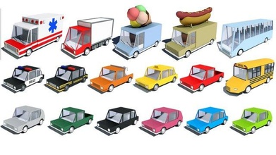cartoon car pack hot dog truck bus food taxi police sheriff lorry pickup school sedan ice cream van isometric 3d print model - Mito3D