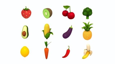 dibujos animados comida paquete 4 3d modelo in diverso 3dexport fruta vegetal apuntalar emoji cereza aguacate kiwi limón berenjena chile brócoli fresa plátano maíz zanahoria piña articulo 3d print model - Mito3D