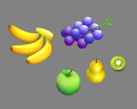 dibujos animados fruta plátano uva manzana pera kiwi 3d modelo in 3dexport coleccion frutas amarillo morada verde amarilla rodajas pitaya lowpolymodel mano pintado comida 3d print model - Mito3D