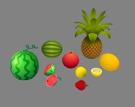 dibujos animados frutas lemon watermelon pineapple strawberry hami 3d modelo in fruta 3dexport limón sandía granada piña fresa melón lowpolymodel mano pintado dulce cortar 3d print model - Mito3D