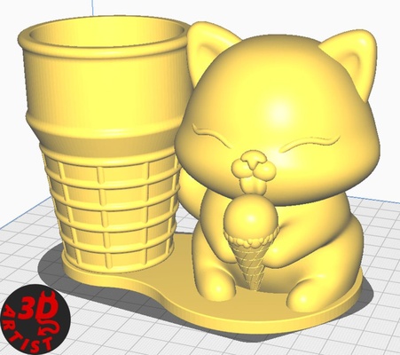 chat glace crème stylo titulaire soutien 3d impression modèle in décor 3dexport porte plume crayons organisateur bureau fourniture minou chaton matou animal compagnie patte miaou ice cream cat cafe 3d print model - Mito3D