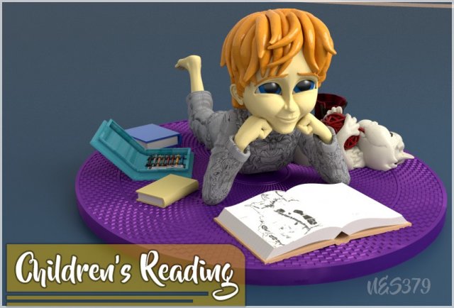 niños leyendo escultura nio lectura gato libros alfombra anime 3D print model - Mito3D