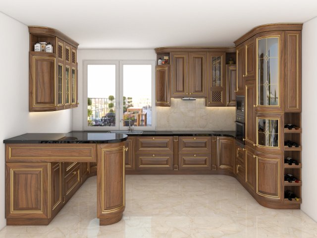 clássico cozinha 3 3d modelo vray realista mobília interior decoração utensílios cozinhar esculpido eletrodomésticos forno gabinete guilda talheres fogão Pia 3D print model - Mito3D