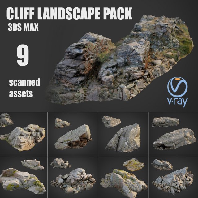 cliff landscape pack bundle 3d model in environment 3dexport stone rock tree forrest root moss gras lowpoly obj max vray asset collection ground scan nature 3D print model - Mito3D