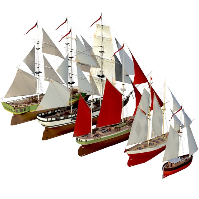 collection sailboats lowpoly sailing ship vessel poly game watercraft boat medieval corvett cargo port pier harbour shore yacht military 3D print model - Mito3D
