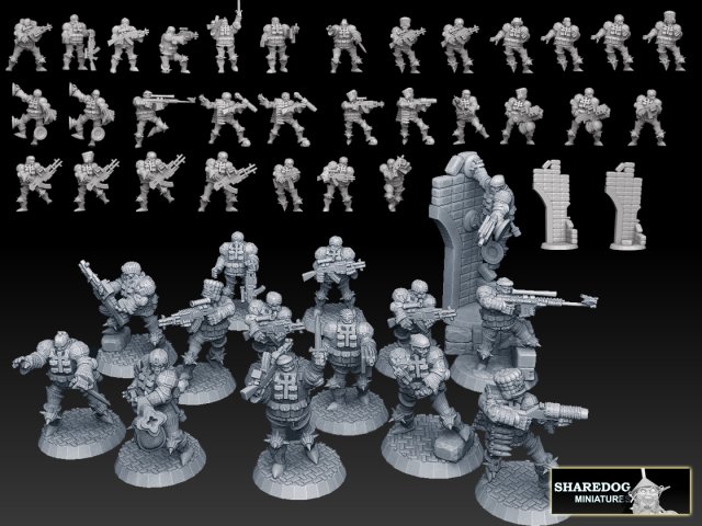 combat moines cadre mégapack 3d impression modèle in figurines 3dexport marteau guerre 40k impérial garde astra militarum cadia cadien youryan valhallan soldat commando spetznaz streltsy fusilier lance flammes lourd bolter grenadier wall climber 3D print model - Mito3D