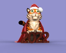 fofa gordo tigre 2022 3d impressão modelo in estatuetas 3dexport gato natal pele feriado desenho animado engraçado animal gatinho selvagem papai noel gorro neve miniaturas 3d print model - Mito3D
