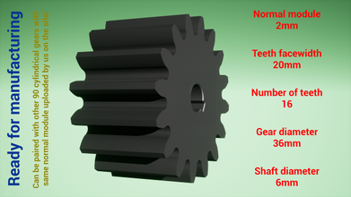 cylindrical gear - paired - z16 m2 d36 d6 gear gearwheel cog cogwheel teeth print steel metal plastic tool  industrial mechanism machinery differential technology engine transmission science robot