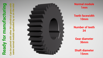 cilíndrico engrenagem emparelhado z34 m1 d36 d15 roda dentada dentes impressão aço metal plástico ferramenta industrial mecanismo maquinaria diferencial tecnologia motor transmissão 3d print model - Mito3D