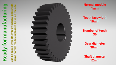 cylindrique équipement jumelé z36 m1 d38 d12 roue dentée dent dents impression acier métal Plastique outil industriel mécanisme machinerie différentiel technologie moteur transmission 3d print model - Mito3D