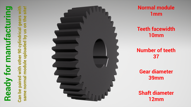 cylindrical gear - paired z37 m1 d39 d12 gearwheel cog cogwheel teeth print steel metal plastic tool industrial mechanism machinery differential technology engine transmission science robot 3d print model - Mito3D