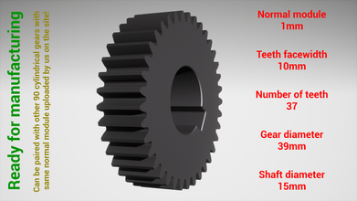 cylindrical gear - paired z37 m1 d39 d15 gearwheel cog cogwheel teeth print steel metal plastic tool industrial mechanism machinery differential technology engine transmission science robot 3d print model - Mito3D