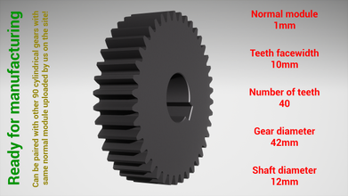 cylindrical gear - paired z40 m1 d42 d12 3d print model in math 3dexport gearwheel cog cogwheel teeth steel metal plastic tool industrial mechanism machinery differential technology engine transmission science robot 3d print model - Mito3D