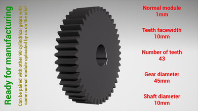 cylindrical gear - paired z43 m1 d45 10 3d print model in engineering 3dexport gearwheel cog cogwheel teeth steel metal plastic tool industrial mechanism machinery differential technology engine transmission science robot 3d print model - Mito3D
