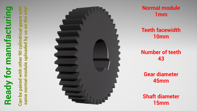 cylindrical gear - paired z43 m1 d45 d15 gearwheel cog cogwheel teeth print steel metal plastic tool industrial mechanism machinery differential technology engine transmission science robot 3d print model - Mito3D