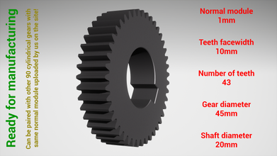 cylindrical gear - paired z43 m1 d45 d20 gearwheel cog cogwheel teeth print steel metal plastic tool industrial mechanism machinery differential technology engine transmission science robot 3d print model - Mito3D