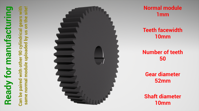 cylindrical gear - paired z50 m1 d52 d10 3d print model in engineering 3dexport gearwheel cog cogwheel teeth steel metal plastic tool industrial mechanism machinery differential technology engine transmission science robot 3d print model - Mito3D