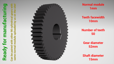 cylindrical gear - paired z50 m1 d52 d15 gearwheel cog cogwheel teeth print steel metal plastic tool industrial mechanism machinery differential technology engine transmission science robot 3d print model - Mito3D