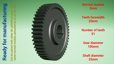 cylindrical gear - paired z51 m2 d106 d25 3d print model in engineering 3dexport gearwheel cog cogwheel teeth steel metal plastic tool industrial mechanism machinery differential technology engine transmission science robot 3d print model - Mito3D