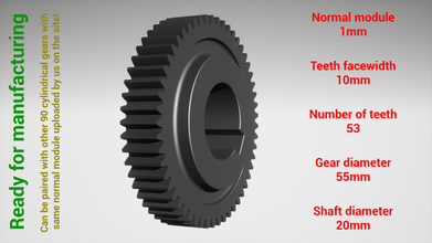 cylindrical gear - paired z53 m1 d55 d20 3d print model in engineering 3dexport gearwheel cog cogwheel teeth steel metal plastic tool industrial mechanism machinery differential technology engine transmission science robot 3d print model - Mito3D