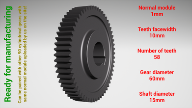 cylindrical gear - paired z58 m1 d60 d15 3d print model in engineering 3dexport gearwheel cog cogwheel teeth steel metal plastic tool industrial mechanism machinery differential technology engine transmission science robot 3d print model - Mito3D
