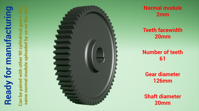 cylindrique équipement jumelé z61 m2 d126 d20 3d impression modèle in ingénierie 3dexport roue dentée dent dents acier métal plastique outil industriel mécanisme machinerie différentiel technologie moteur transmission science robot 3D print model - Mito3D