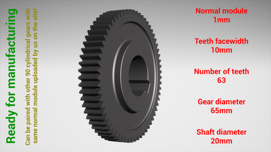 zylindrisch Ausrüstung gepaart z63 m1 d65 d20 Zahnrad Zahn Zähne drucken Stahl Metall Plastik Werkzeug industriell Mechanismus Maschinen Differential Technologie Motor Übertragung 3d print model - Mito3D