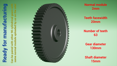 cylindrical gear - paired z63 m2 d130 d15 3d print model in engineering 3dexport gearwheel cog cogwheel teeth steel metal plastic tool industrial mechanism machinery differential technology engine transmission science robot 3d print model - Mito3D