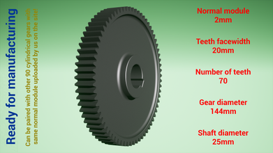 cylindrical gear - paired z70 m2 d144 d25 3d print model in engineering 3dexport gearwheel cog cogwheel teeth steel metal plastic tool industrial mechanism machinery differential technology engine transmission science robot 3d print model - Mito3D