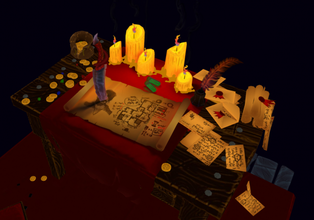 death plan scenario candle table candles coins code smoke outlaw feather poison papers cipher photoshop blender stone cycles dagger flask rogue 3d print model - Mito3D