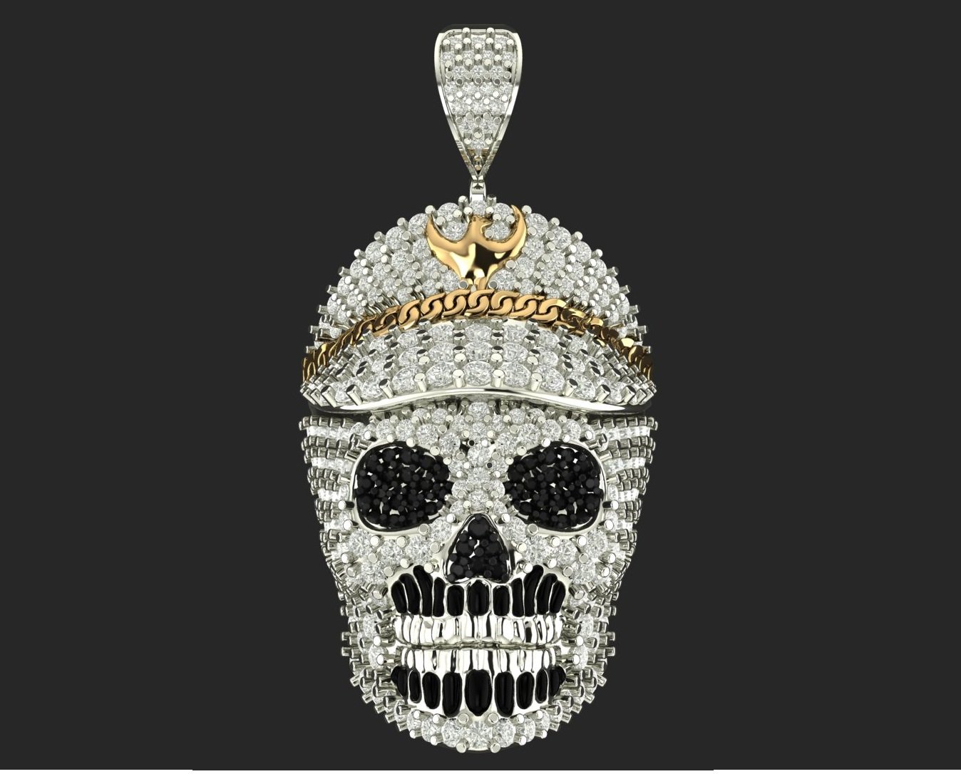 diamond skull captain pendant 3d print model in pendants 3dexport jewel jewellery diamonds skulcaptain diamondskull zbrush cnc anatomy printable 3dprint pandle jewells jewell gold silver bone human 3D print model - Mito3D