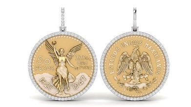 doble cara mexicano 50 pesos oro moneda diamante colgante pendiente plata 3d impresión alivio zbrush dama águila pandle 3d print model - Mito3D