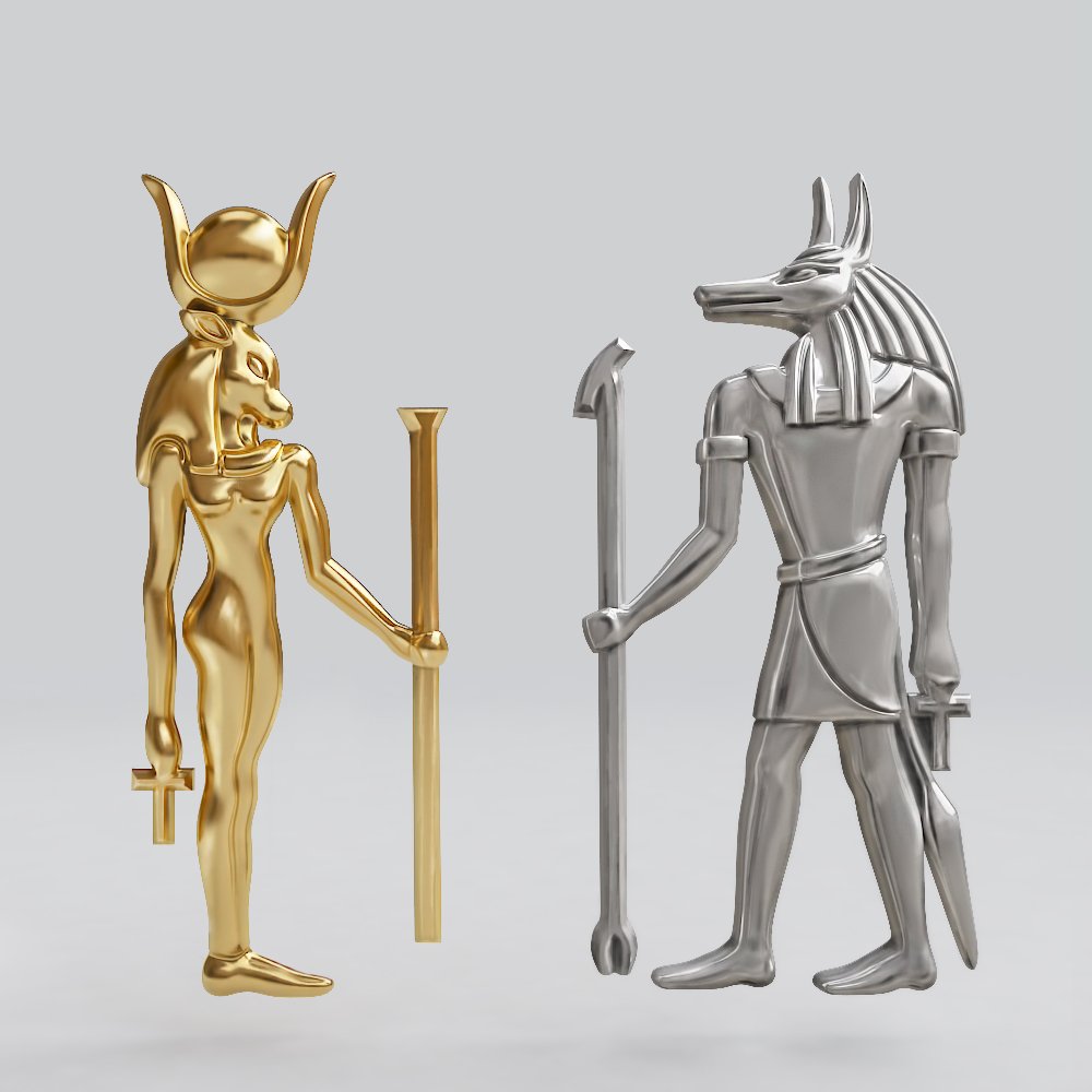 egípcio deuses hathor anúbis excelente joalheria 3d impressão modelo in estatuetas 3dexport antigo homem escultura estátua figura deus lenda arquitetura monumento corpo pingente bas relief história mumificação sarcófago miniaturas 3D print model - Mito3D