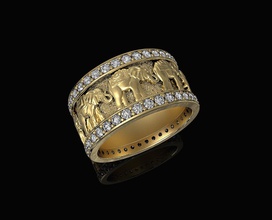 los elefantes de la línea anillo 3d imprimible stl anillos oro plata el platino sterling gem moda hombres las piedras preciosas rey reliefe elefante mujeres textura cuarzos 3d print model - Mito3D