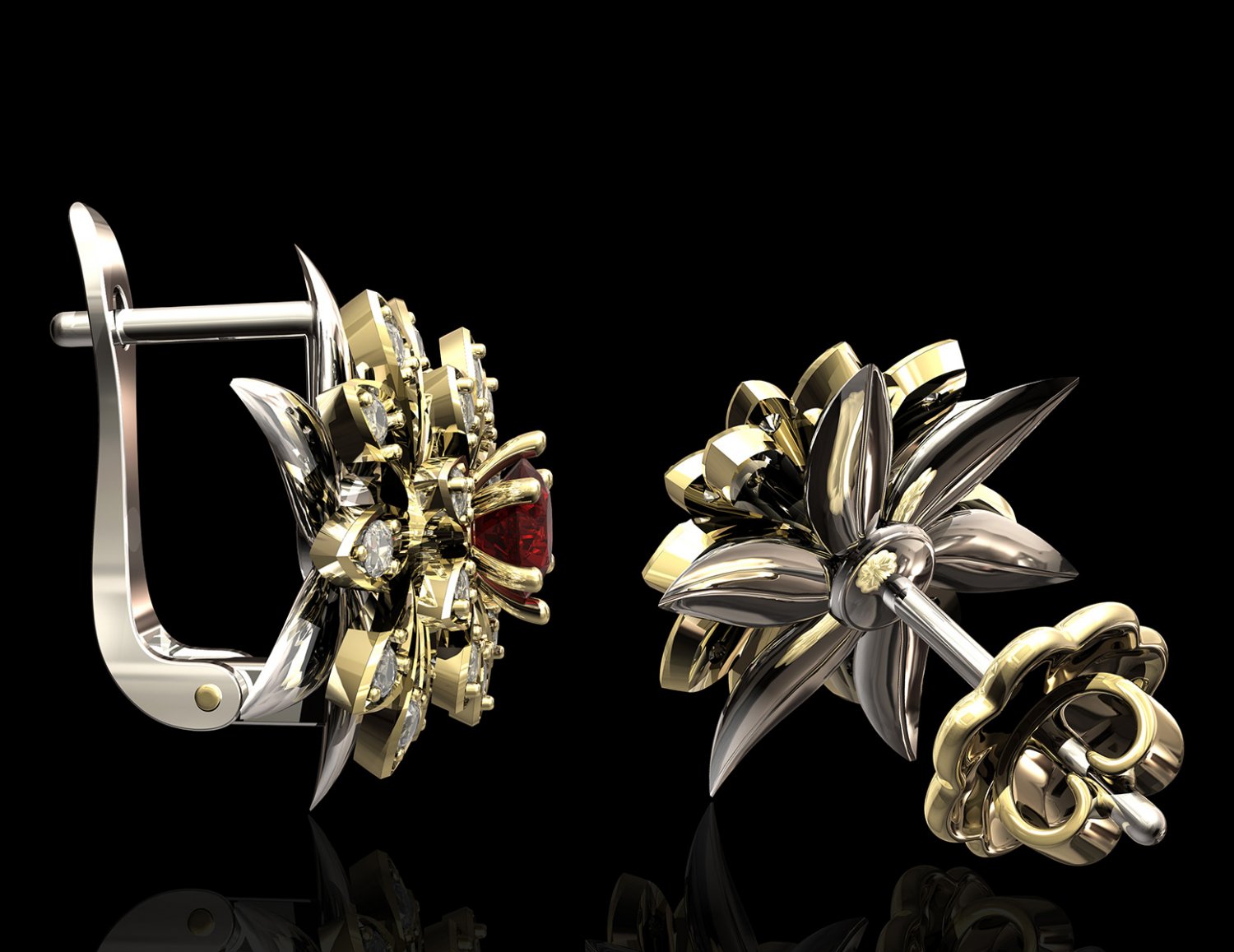 flower earrings 3d printable stl earring gold silver platinum gem gemstones diamond rose girls women jewellry 3D print model - Mito3D
