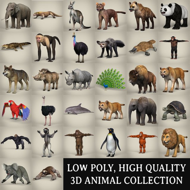 game ready wild animal collection 3d model in wildlife 3dexport mammal elephant alligator crocodile wolf buffalo cheetah giraffe gorilla hippopotamus hyena tiger leopard impala iguana fantasy monkey 3D print model - Mito3D